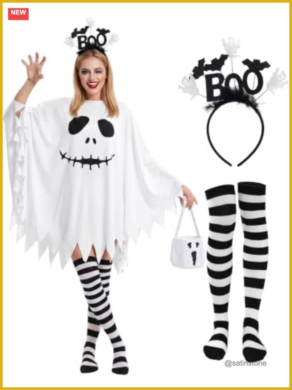 4 Pc Ghost Costume Set Women Poncho Headband Striped Stockings Candy Bag